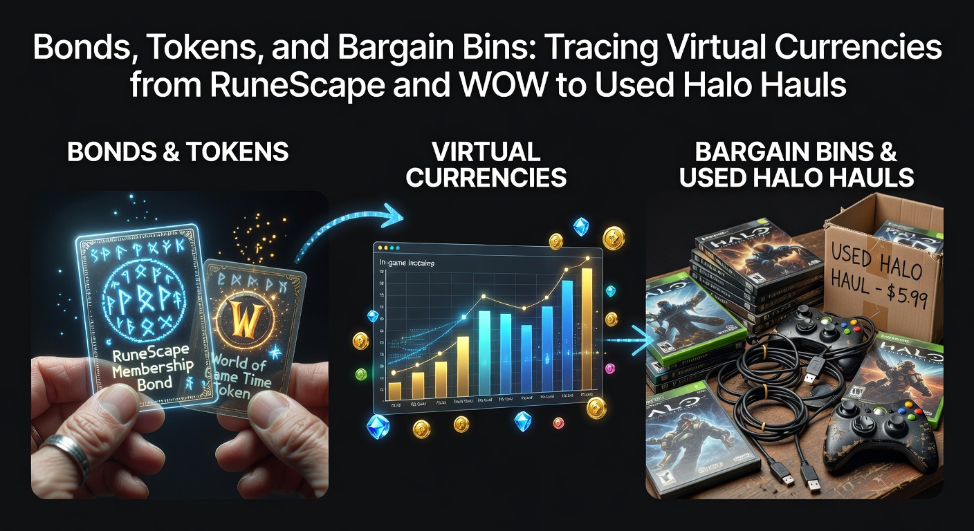 Screenshot collage featuring RuneScape bond marketplace, World of Warcraft token interface, and stacks of used Halo game discs in a bargain bin