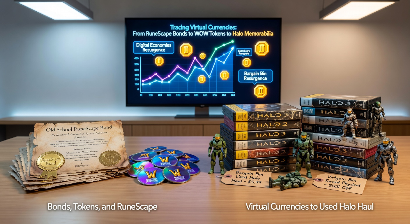 Player hauling used Halo games from a thrift store bargain bin, with WoW token and RuneScape bond icons overlaid