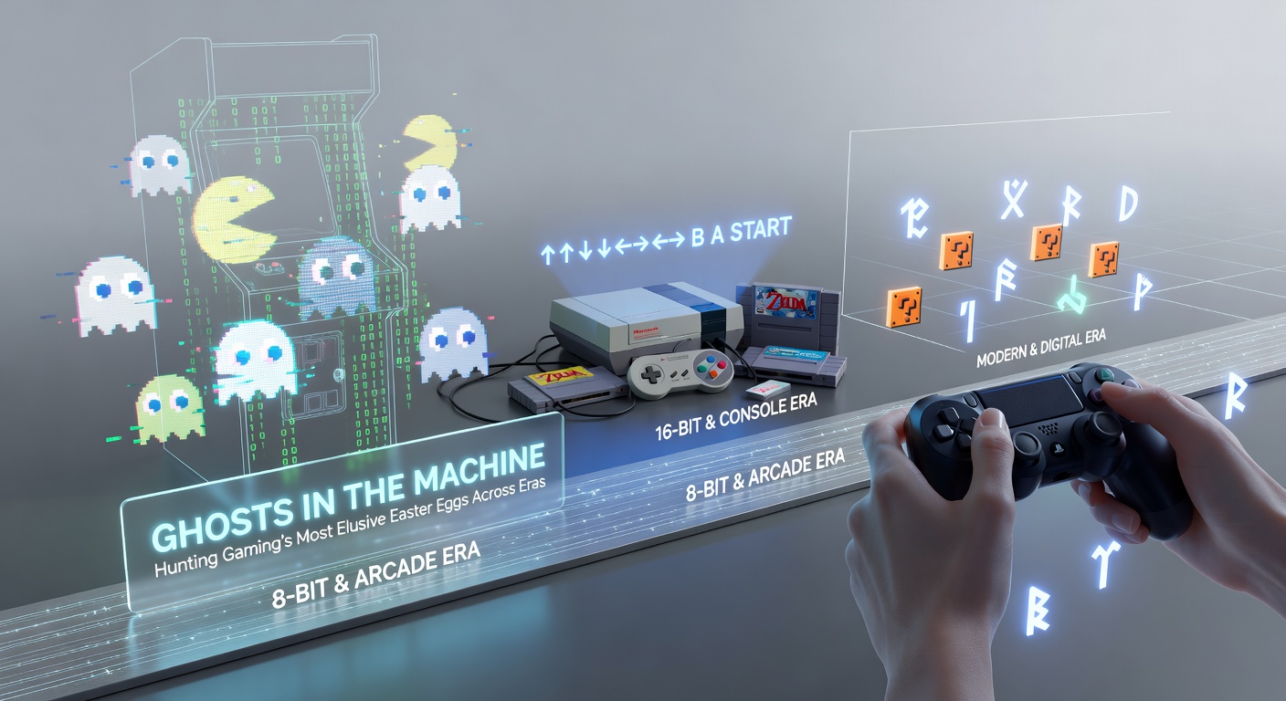 Modern gamers huddled around a large screen, controllers in hand, as a hidden cutscene plays out in a dark room filled with glowing monitors and energy drink cans
