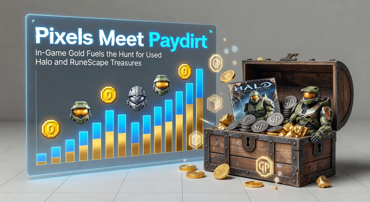 Vibrant marketplace screenshot showing RuneScape gold stacks and Halo gear listings on a trading site, with price tags in USD