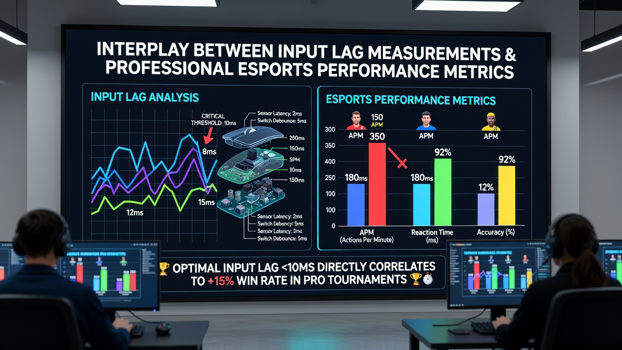 Esports analysts reviewing input lag charts alongside player performance graphs during a 2026 tournament review session